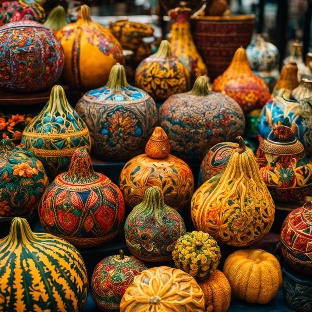 An image showcasing a vibrant local market stall in Dallas Fort Worth, overflowing with an array of intricately designed yerba mate gourds and accessories