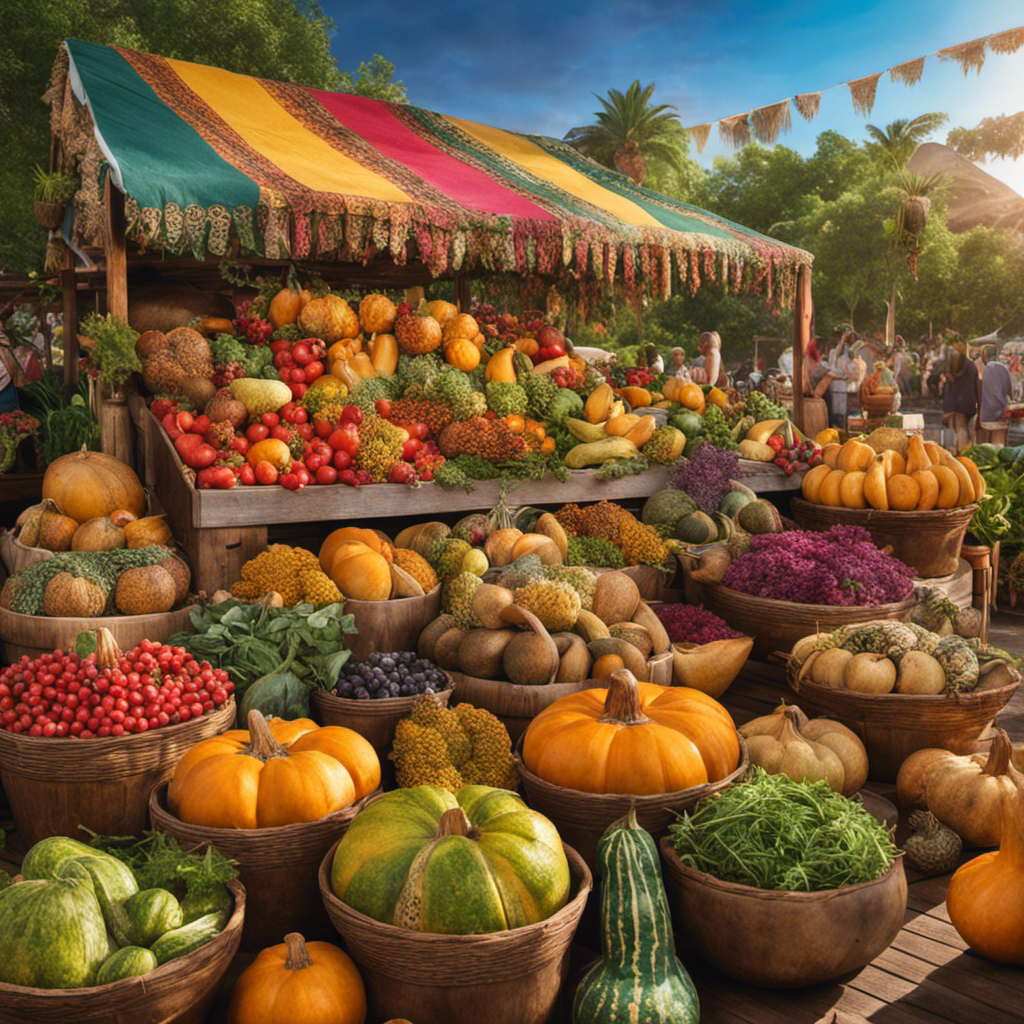 An image showcasing a vibrant farmers market stall, adorned with colorful handcrafted yerba mate gourds, nestled among an array of fresh herbs and exotic fruits