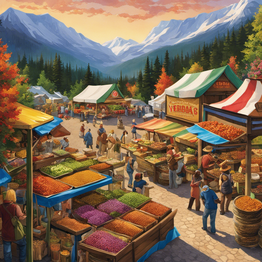 An image showcasing a vibrant Canadian landscape with a bustling outdoor market