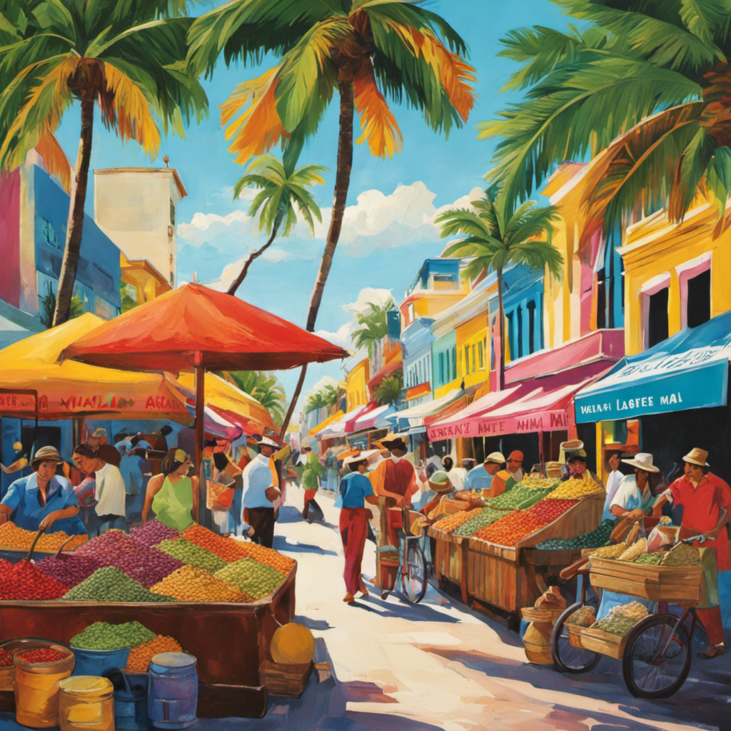 An image that showcases the vibrant streets of Miami, with a bustling marketplace filled with colorful stalls selling fresh, aromatic yerba mate leaves