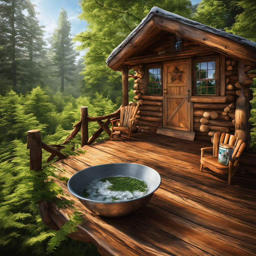 An image showcasing a cozy, rustic Michigan cabin nestled amidst lush greenery