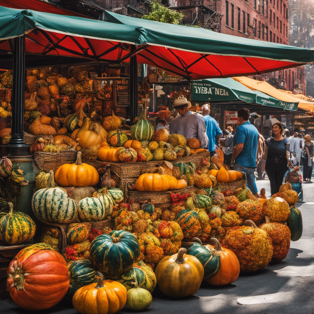 An image showcasing the vibrant streets of New York City, with a bustling market stall adorned with colorful gourds and bags of fresh yerba mate leaves