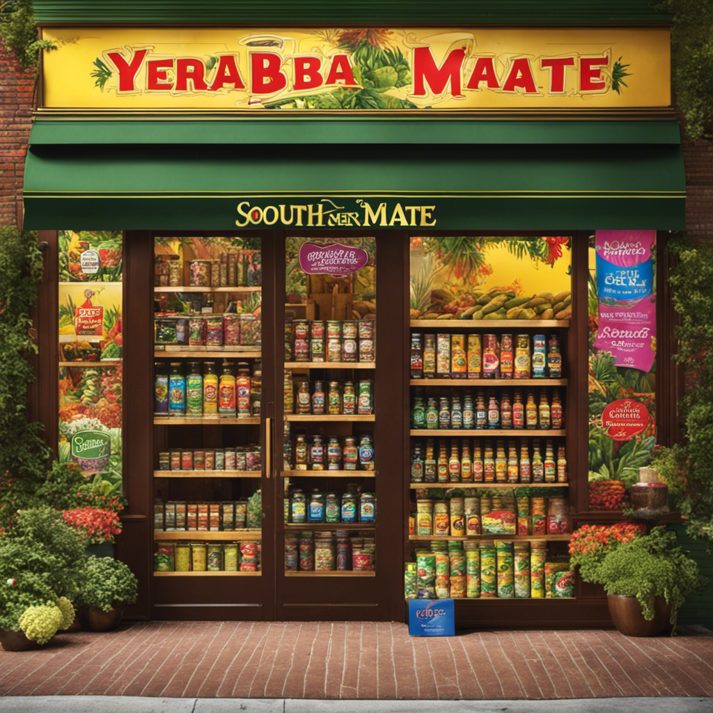An image showcasing a vibrant storefront in New Jersey, adorned with colorful displays of yerba mate