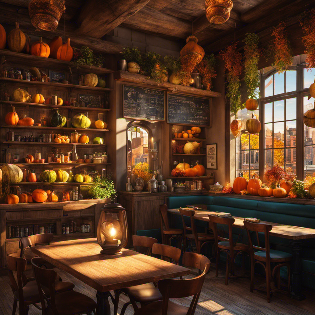 An image depicting a cozy, rustic café in Philadelphia, with wooden shelves stacked high with colorful gourds and vibrant yerba mate packages