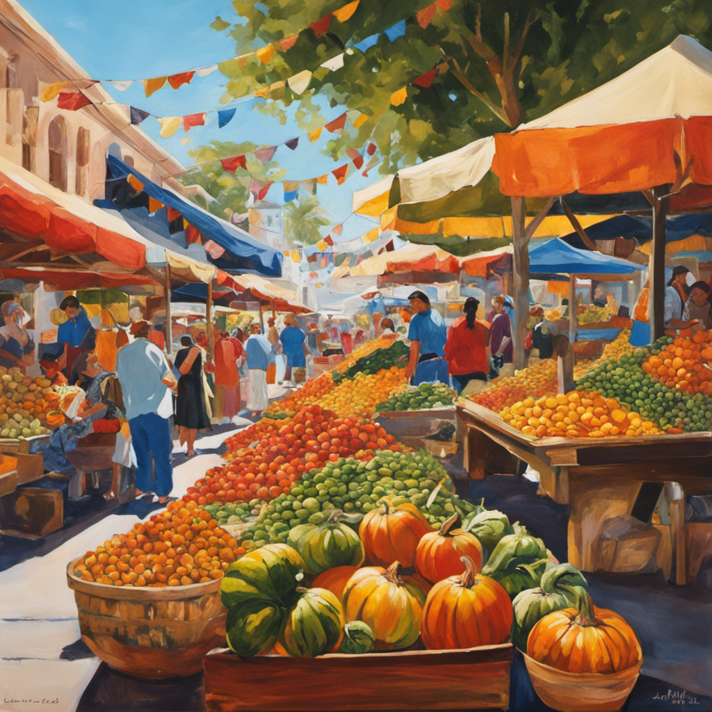 An image showcasing a vibrant San Diego street market, bustling with colorful stalls adorned with hand-painted signs selling traditional gourds, bombillas, and freshly harvested yerba mate leaves, exuding an inviting aroma
