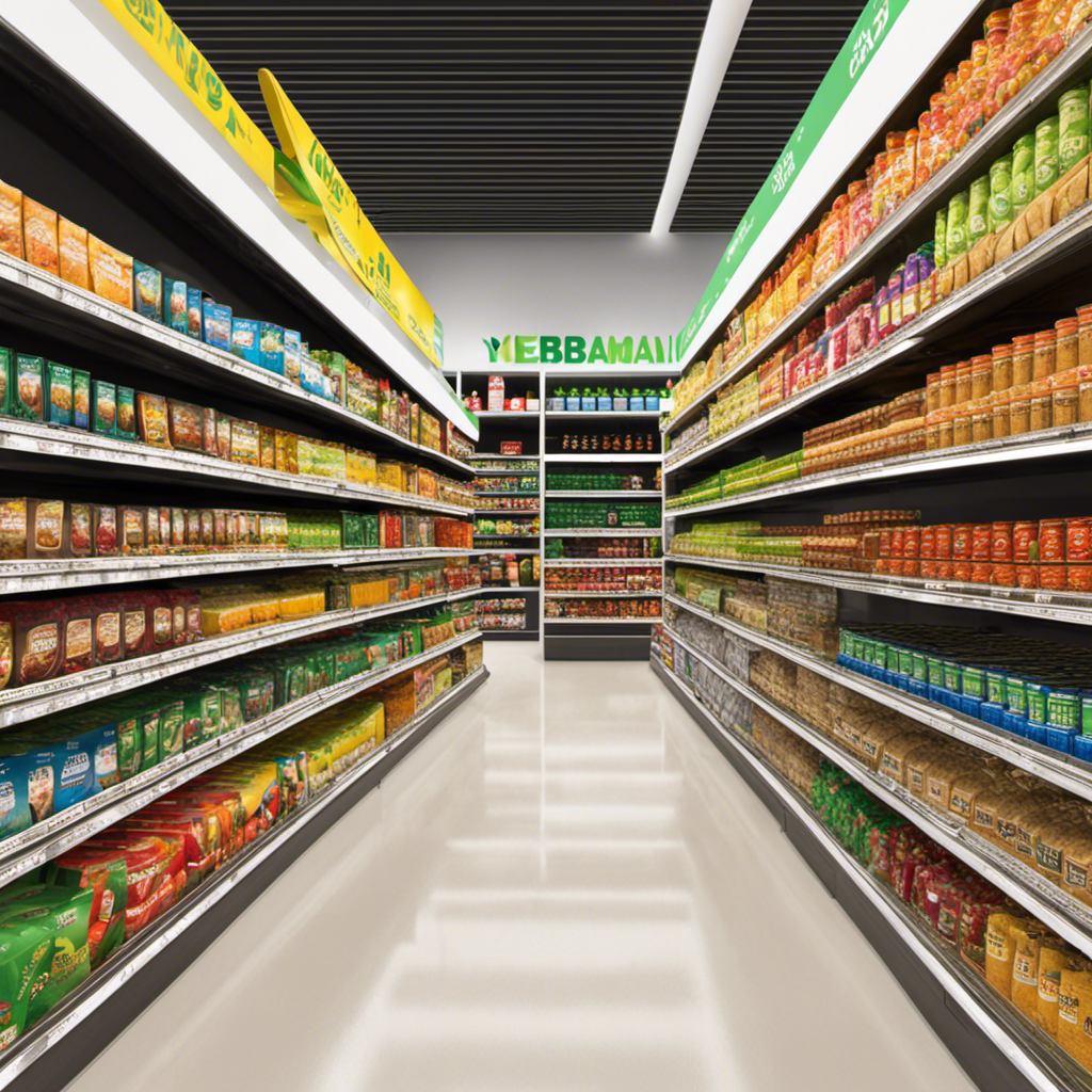 An image showcasing a vibrant supermarket aisle filled with neatly stacked shelves adorned with various brands and flavors of yerba mate, enticing customers with its eye-catching packaging and refreshing appeal