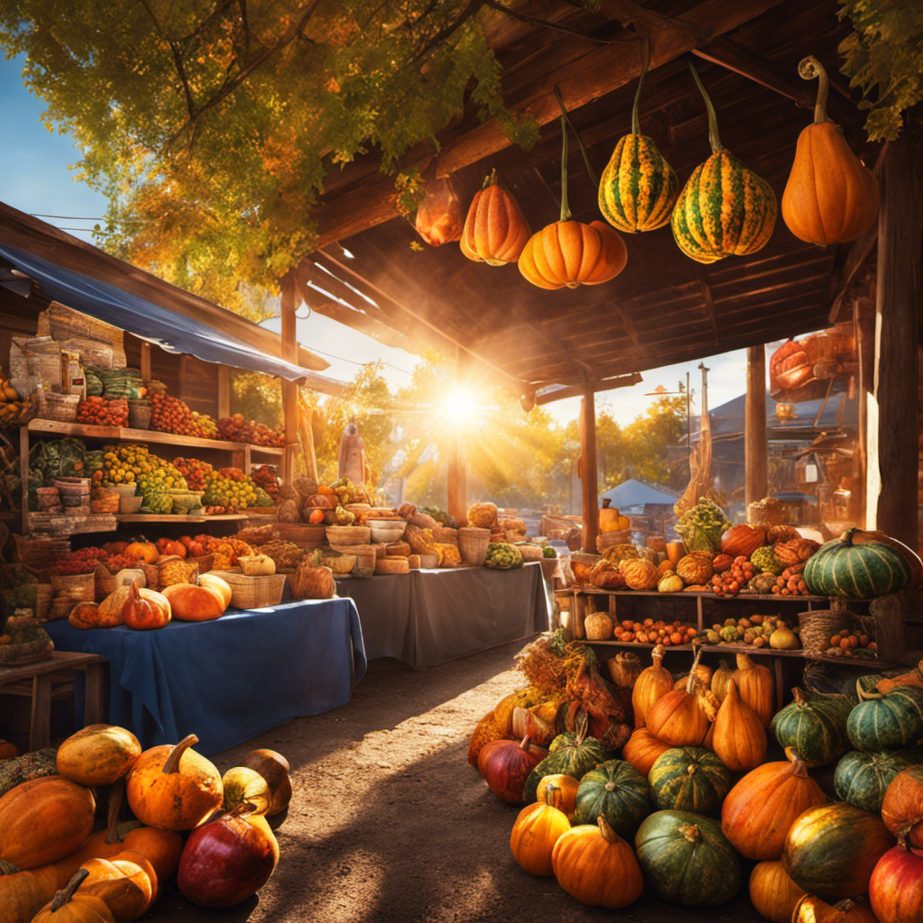 An image showcasing a vibrant local market stall in Tacoma, adorned with colorful gourds and stacks of traditional yerba mate packages