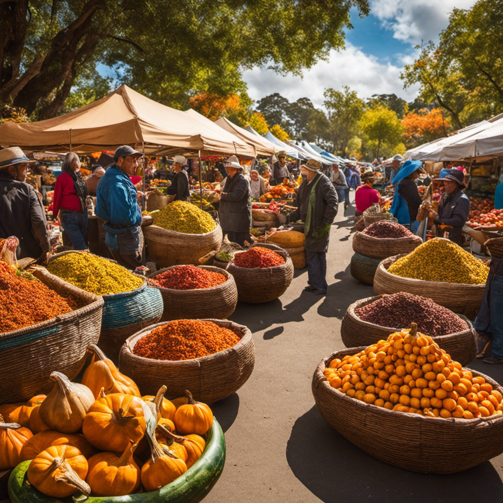 An image showcasing a vibrant, bustling farmers market where locals explore stalls teeming with colorful gourds, aromatic loose-leaf blends, and traditional mate cups, embodying the vibrant community of Yerba Mate enthusiasts