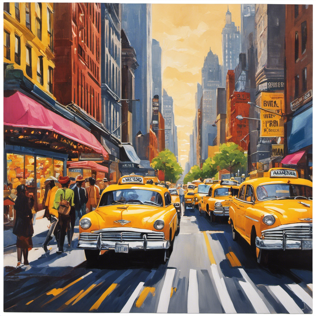An image showcasing a vibrant New York City street scene, with iconic yellow taxis and bustling pedestrians