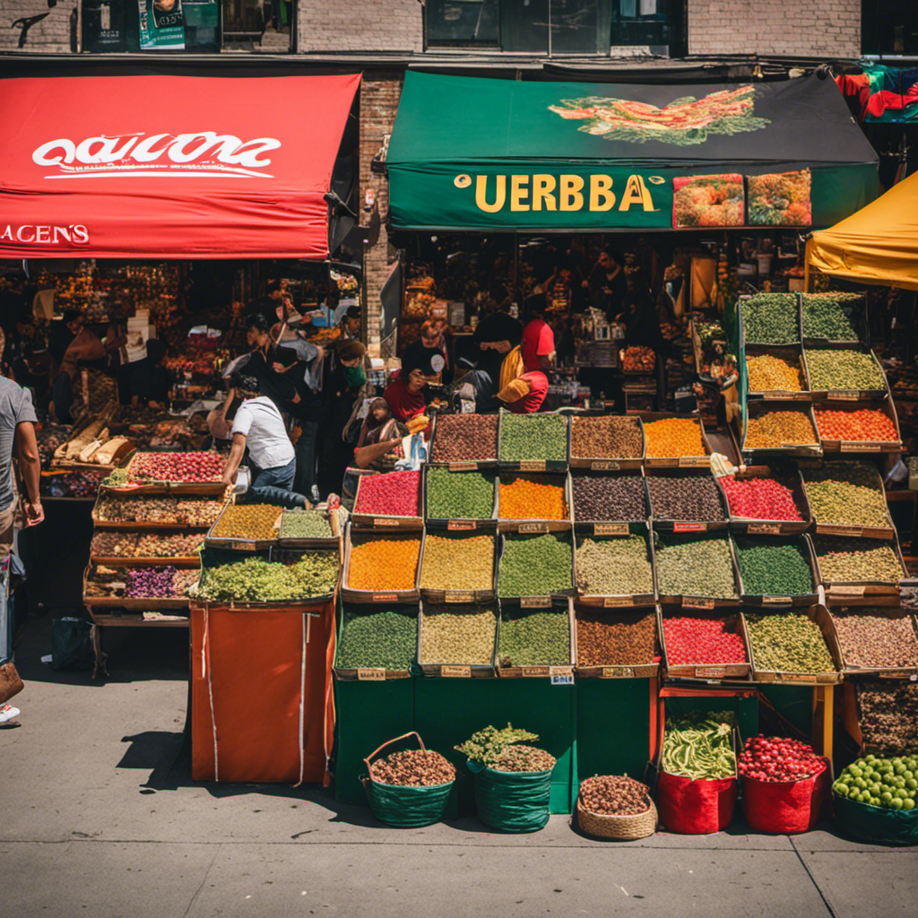 An image showcasing a bustling marketplace in Queens, New York, with vibrant stalls adorned with colorful Yerba Mate packages