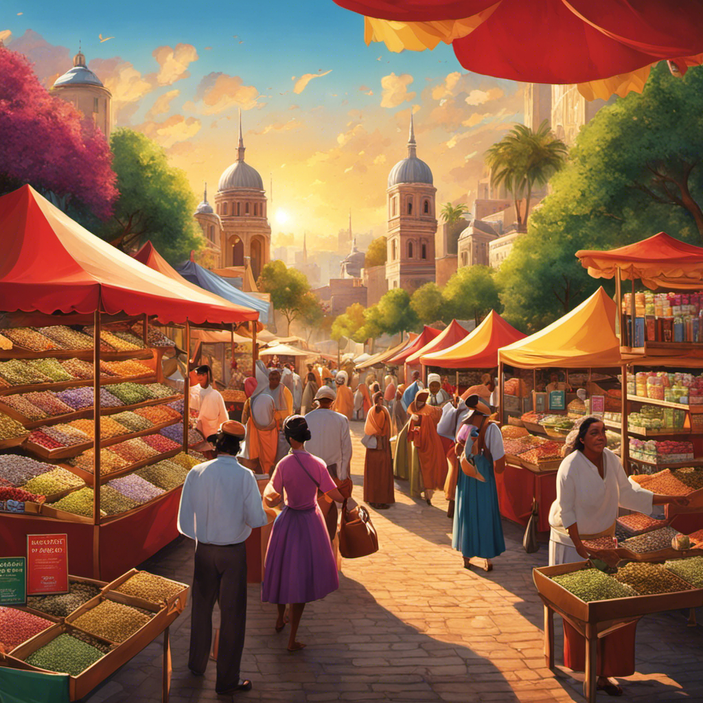An image showcasing a vibrant, bustling marketplace with stalls overflowing with colorful Yerba Mate Royale tea bags