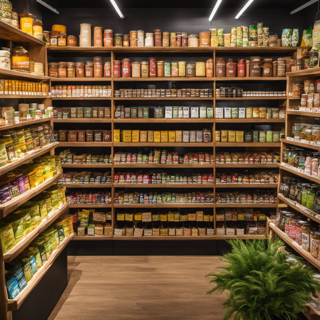 E an image showcasing a vibrant marketplace filled with shelves stocked with various brands and flavors of Yerba Mate