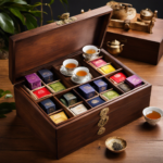 An image showcasing an elegant wooden tea box, filled with vibrant oolong tea bags of various flavors