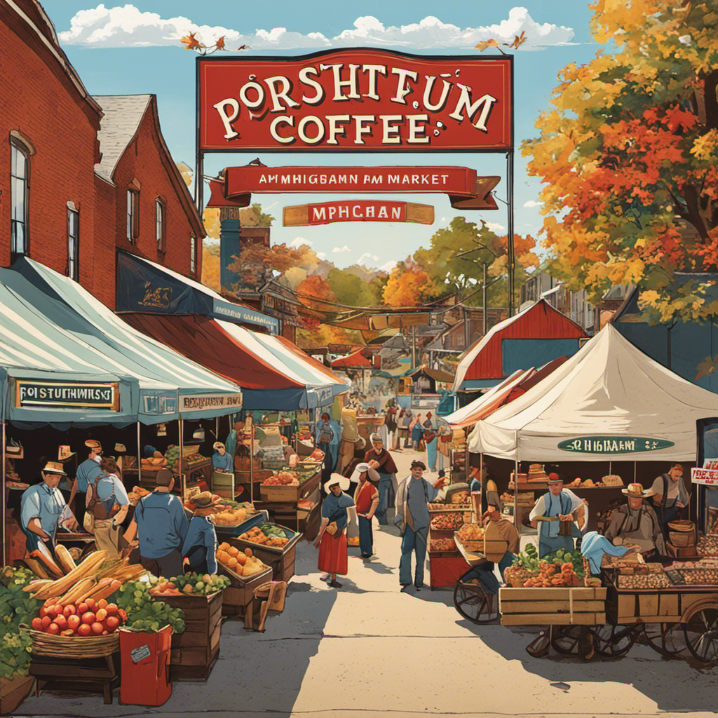 An image showcasing a bustling Michigan farmer's market, brimming with vibrant stalls adorned with vintage signage, where locals chat animatedly while purchasing freshly brewed Postum coffee alternatives