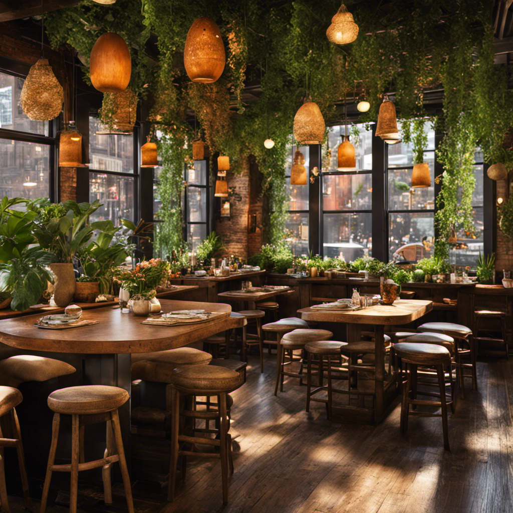 An image of a cozy, rustic café in the heart of New York City, adorned with lush hanging plants, where patrons sip yerba mate from traditional gourds while basking in the warm natural light filtering through large windows