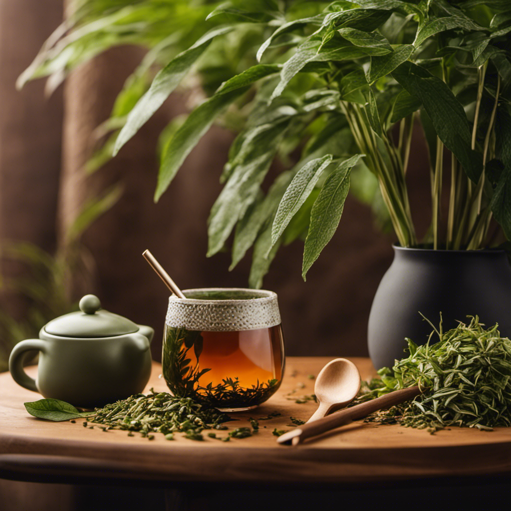 An image showcasing a serene setting: a cozy wooden table adorned with a refreshing cup of yerba mate loose leaf tea, accompanied by a filter straw exquisitely crafted from eco-friendly materials, resting next to a lush green plant
