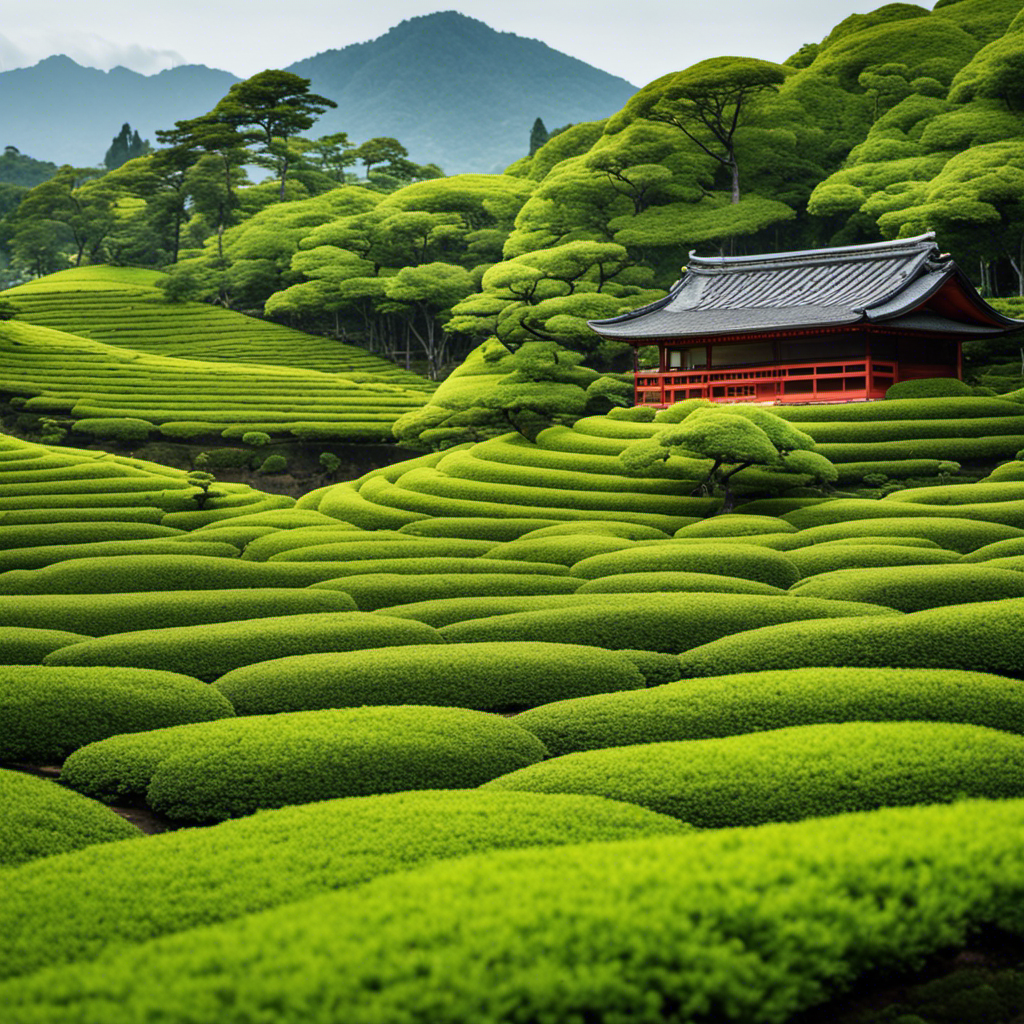 An image showcasing a tranquil tea garden in Japan, with rows of vibrant green tea leaves gently swaying in the breeze