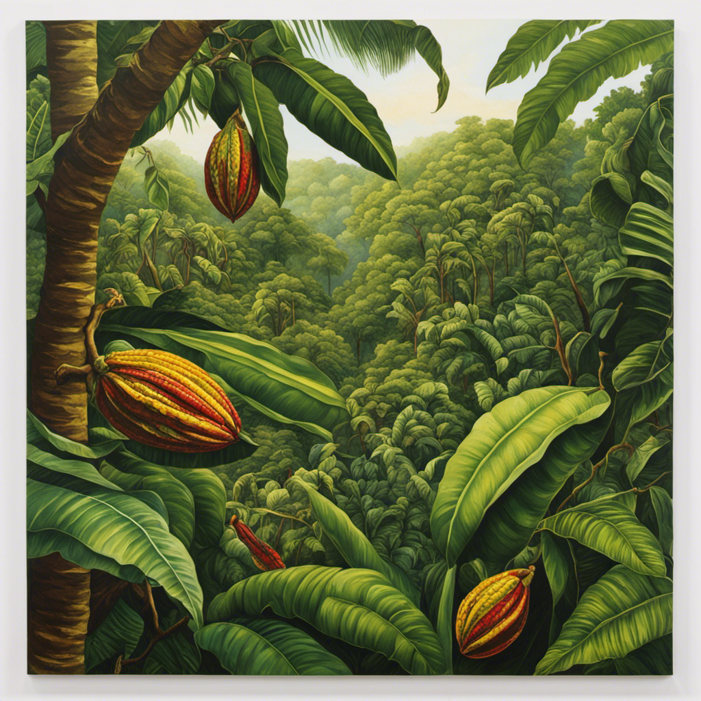 An image that showcases a lush, tropical rainforest scene, with vibrant green foliage and towering cacao trees