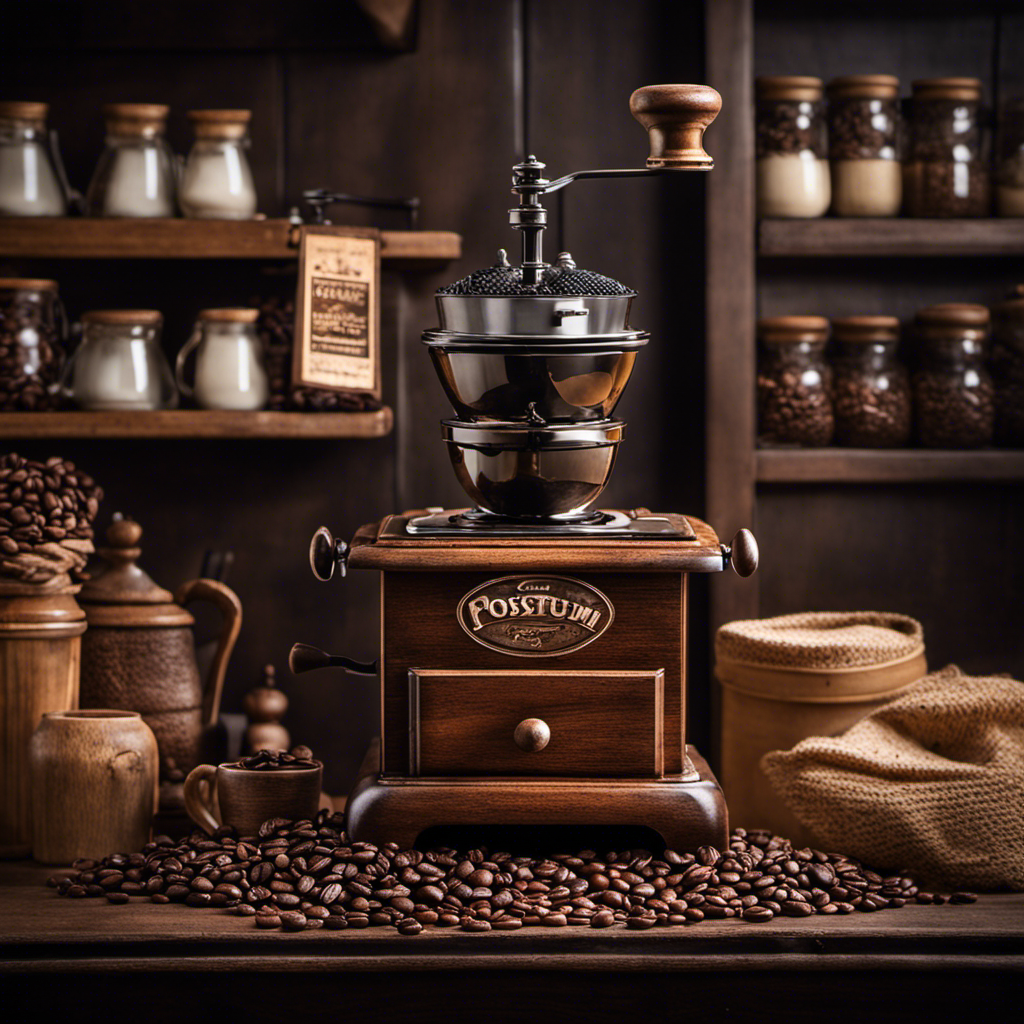 An image showcasing a cozy café scene with an intricately designed antique coffee grinder on the counter, aromatic steam rising from a cup of Postum, surrounded by shelves lined with vintage coffee beans