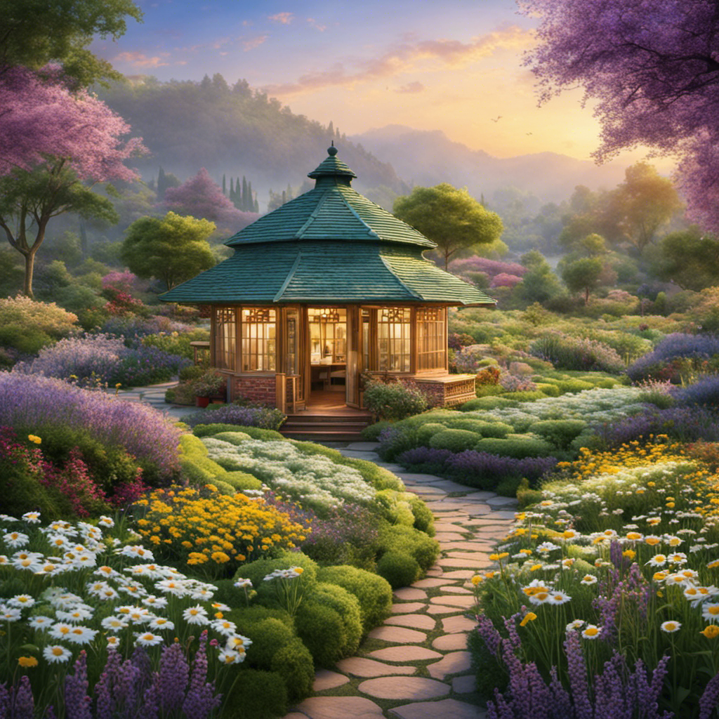An image showcasing a serene tea garden, with vibrant rows of chamomile, lavender, and mint plants swaying in the gentle breeze