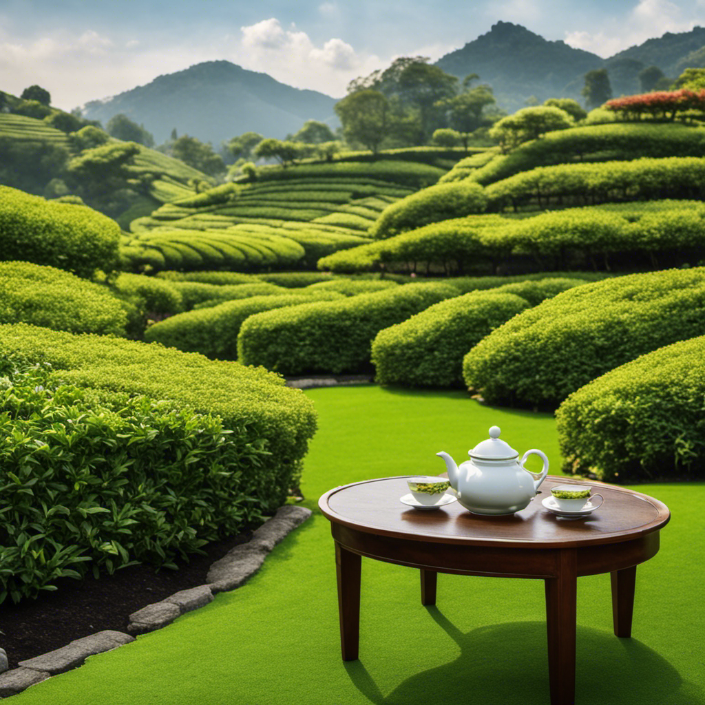 An image showcasing a serene tea garden, with lush green tea leaves gently swaying in the breeze