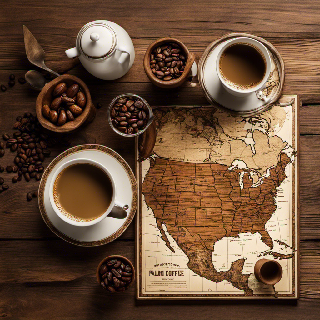 An image that showcases a rustic wooden table adorned with a steaming cup of rich, aromatic palm date seed coffee substitute, accompanied by a map of the US, highlighting locations where it can be found