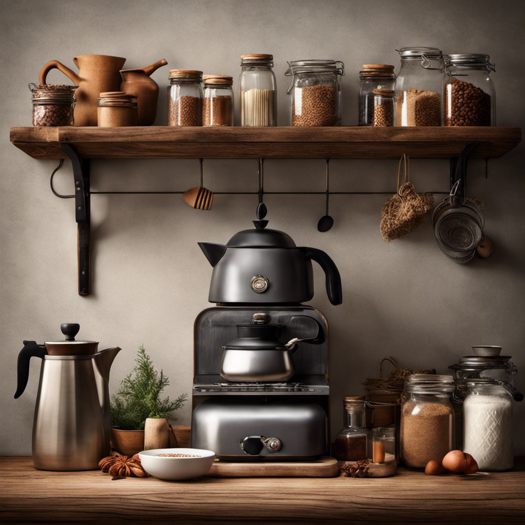 An image showcasing a cozy vintage kitchen with shelves filled with jars of Postum Coffee Substitute, a rustic coffee pot on the stove, and a steaming cup on a table