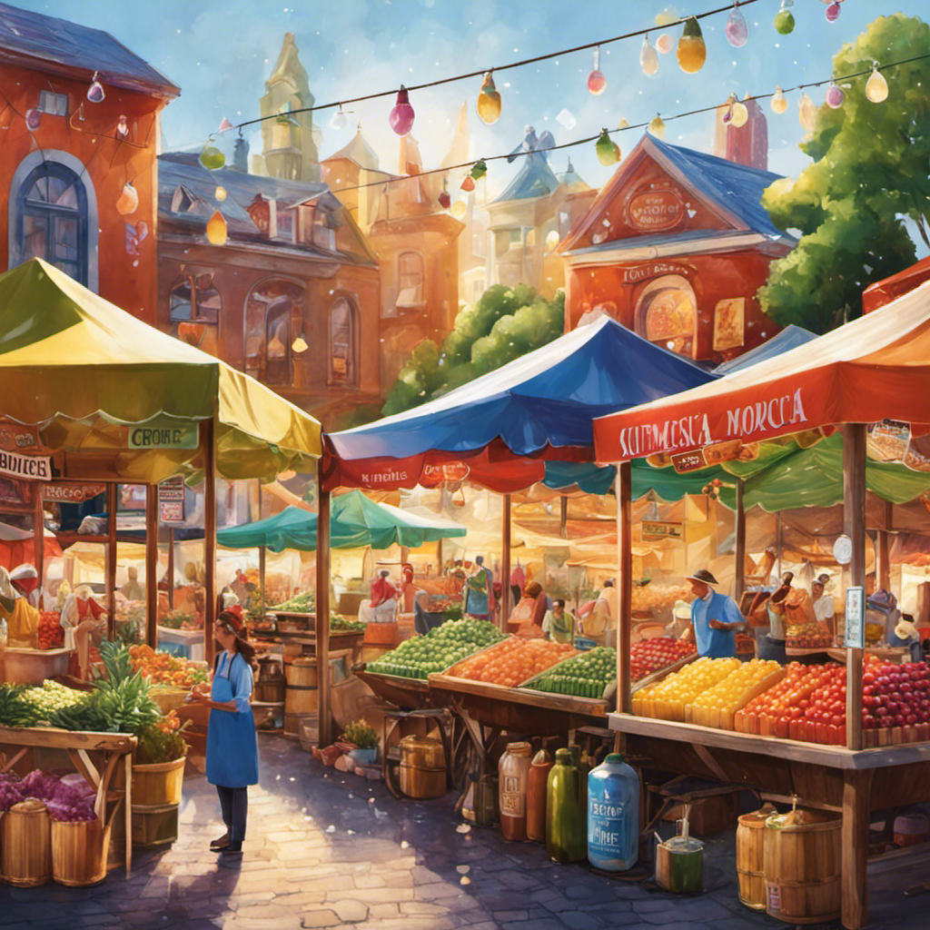 An image showcasing a vibrant farmers market, bustling with stalls adorned with colorful bottles of sugarless kombucha tea