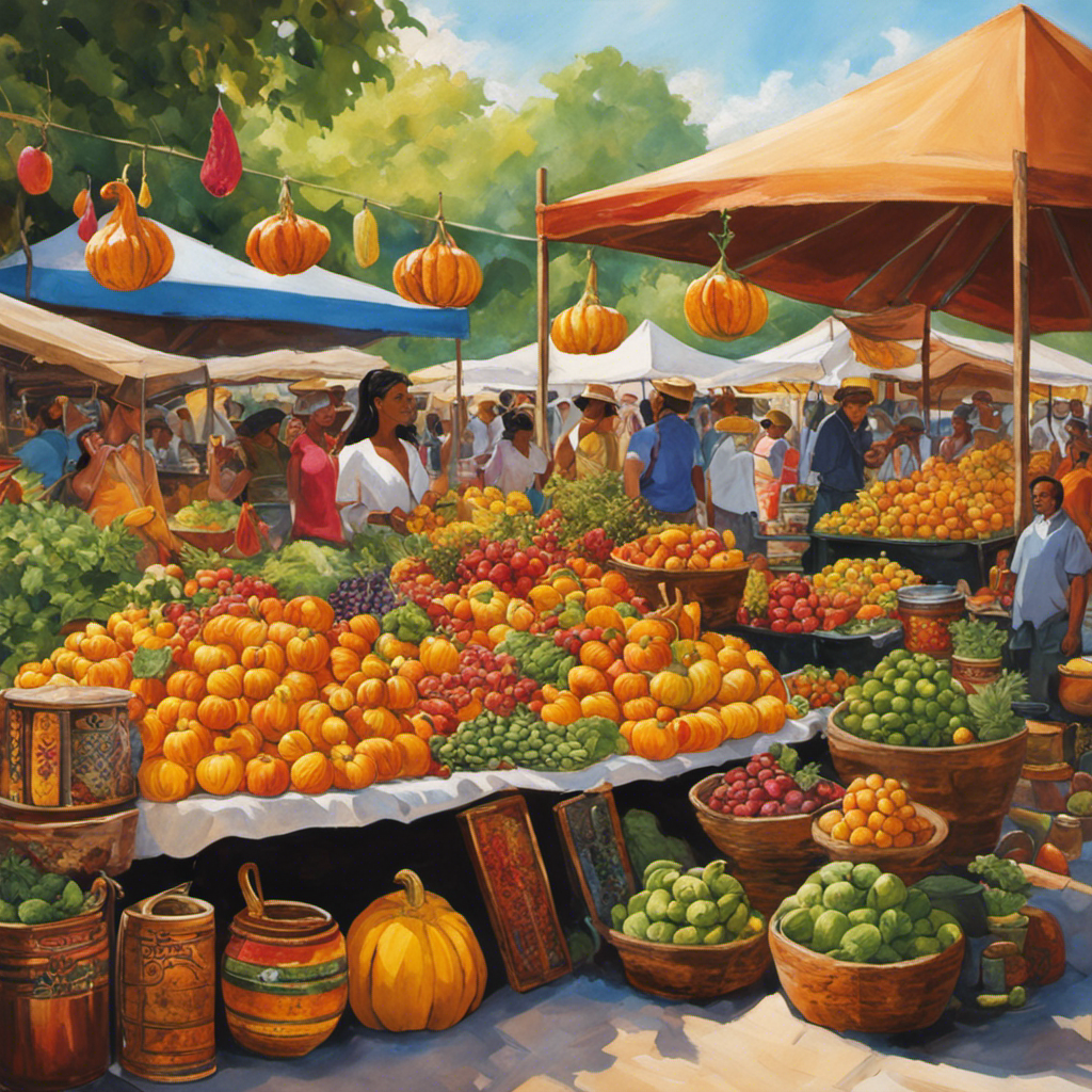 An image showcasing a vibrant outdoor market with a bustling stall adorned with gourds, bombillas, and colorful Yerba Mate Energy Drink cans, enticingly displayed alongside fresh herbs and exotic fruits