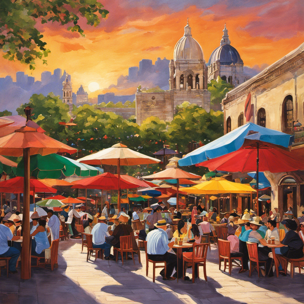 An image showcasing a bustling San Antonio plaza adorned with vibrant, sun-kissed umbrellas