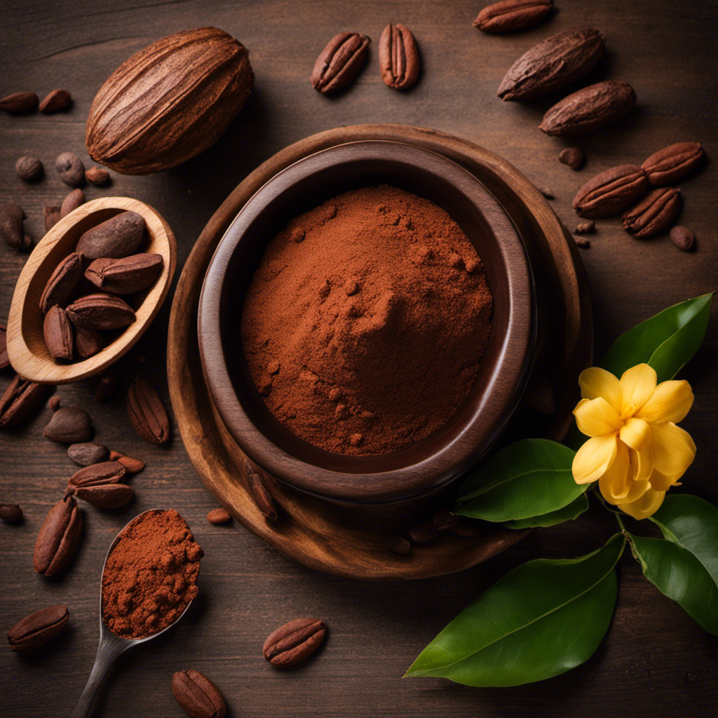 An image showcasing a rustic wooden table adorned with a vibrant bowl of luscious, deep brown raw cacao powder, surrounded by delicate cocoa beans, in an inviting and natural setting