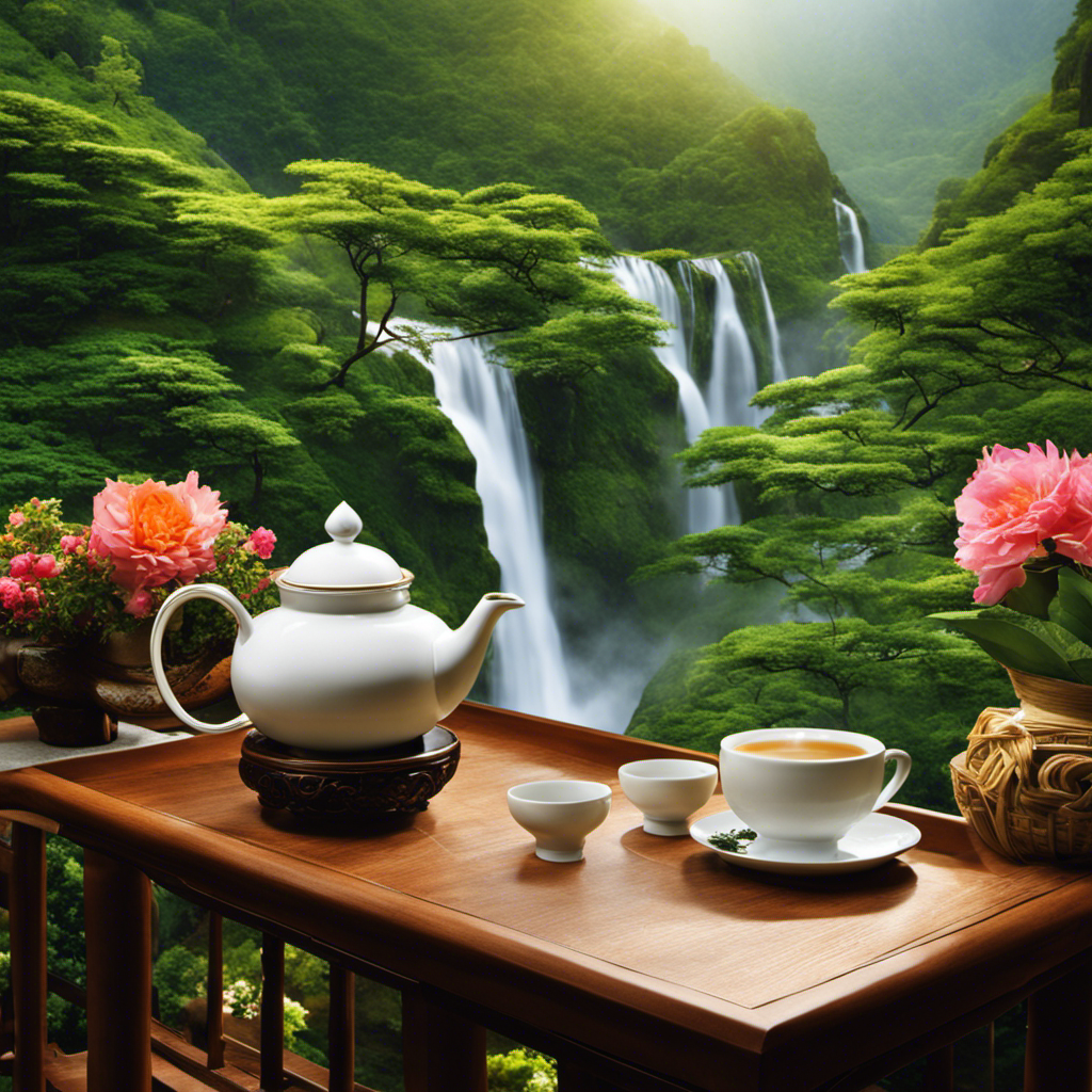 An image of a serene teahouse nestled amidst lush green mountains, with a cascading waterfall in the background