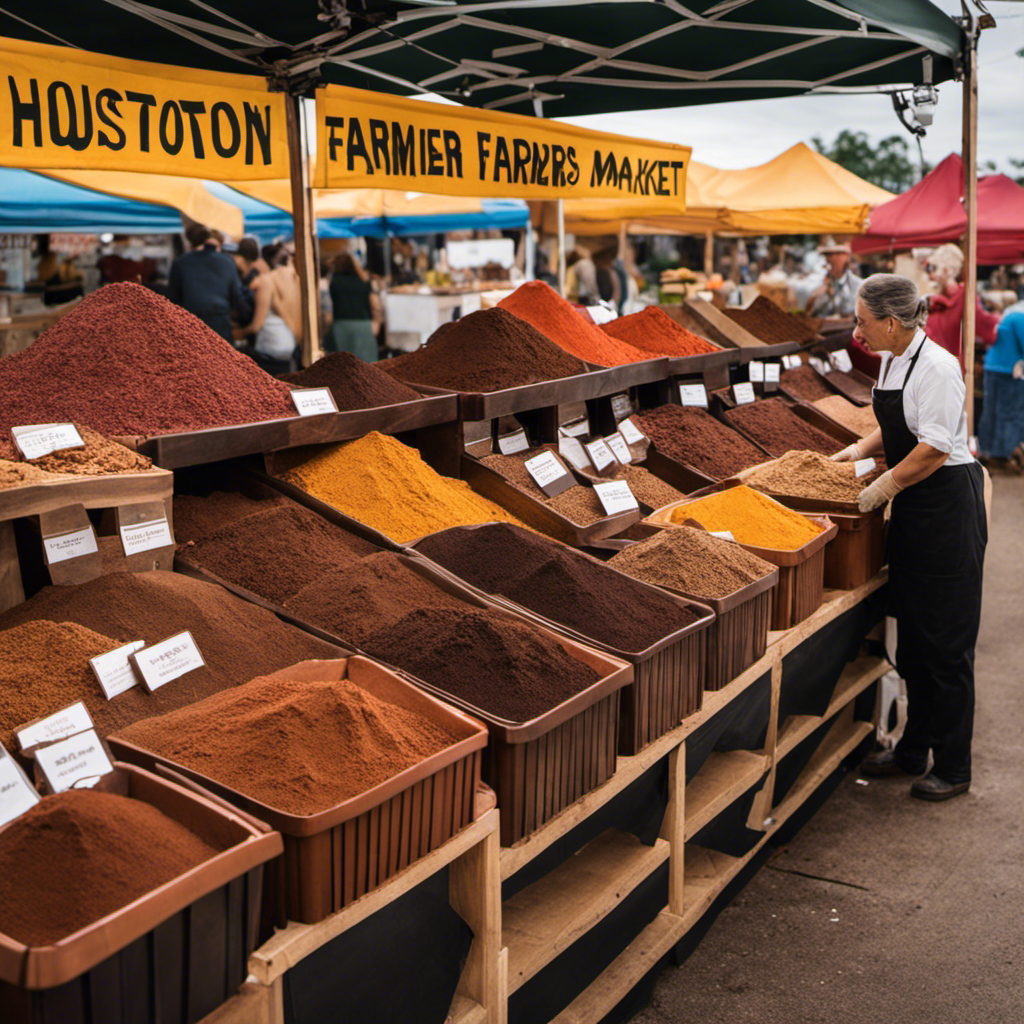 An image featuring a vibrant Houston farmers market booth with neatly arranged bins overflowing with velvety brown raw cacao powder