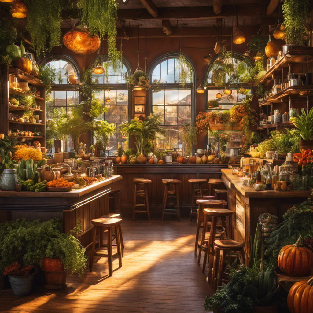 An image capturing the vibrant ambiance of a cozy cafe, with sunlight streaming through windows adorned with lush hanging plants, as patrons savor steaming cups of Yerba Mate, surrounded by shelves stocked with colorful gourds and bombillas