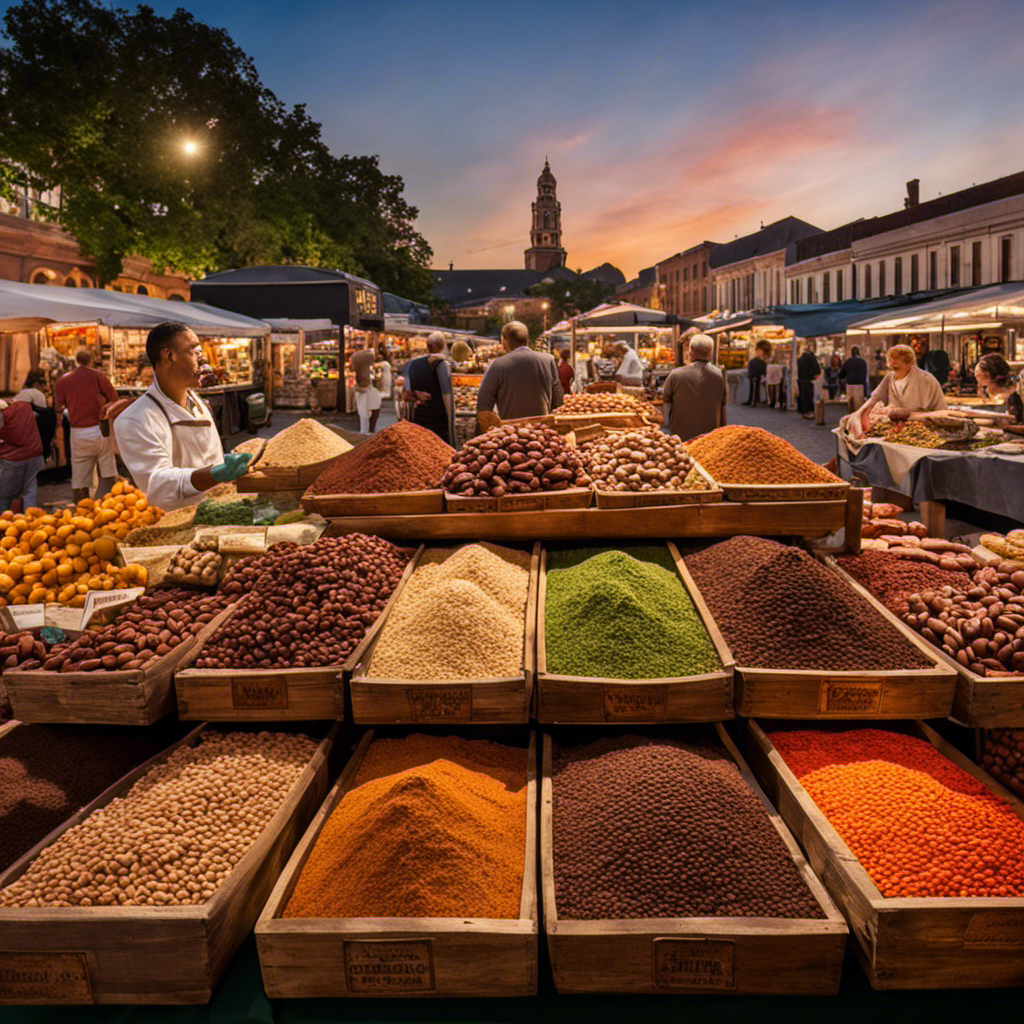 the essence of Macon's culinary scene with an image showcasing an inviting local market stall adorned with vibrant displays of raw cacao beans, exuding rich aromas that entice the senses