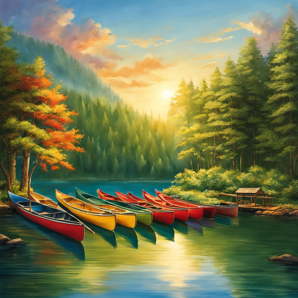 An image showcasing a serene lake surrounded by lush greenery, with a wooden dock adorned with colorful canoes