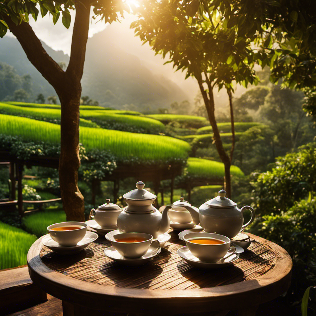 E outdoor setting at a traditional Thai teahouse nestled amidst lush green tea plantations