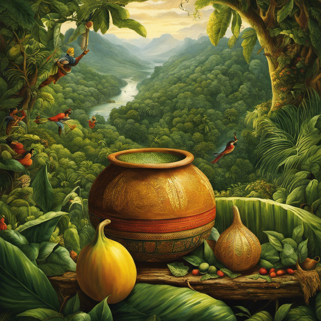 An image showcasing the origins of Yerba Mate, capturing the lush greenery of the South American rainforest, a gourd filled with the traditional beverage, and indigenous people carefully harvesting the leaves