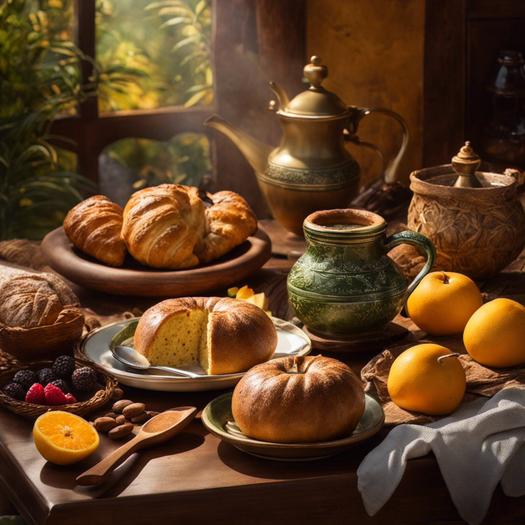 An image showcasing a cozy breakfast scene with a steaming cup of yerba mate, served in a traditional gourd, accompanied by a plate of warm pastries and fruits, all bathed in soft morning light