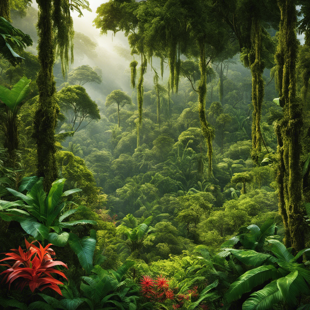 An image that showcases the lush, sprawling landscapes of the South American rainforests, with vibrant green yerba mate plants thriving under the shade of towering trees, surrounded by a symphony of diverse flora and fauna