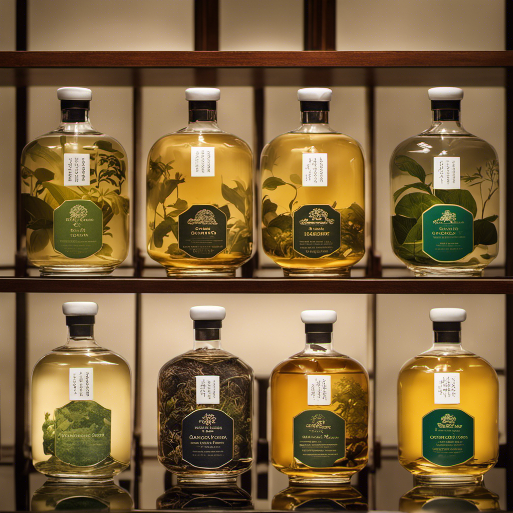 An image showcasing a variety of exquisite bottled oolong teas, each elegantly packaged in transparent glass bottles