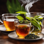 An image showcasing two steaming cups of tea side by side on a wooden table