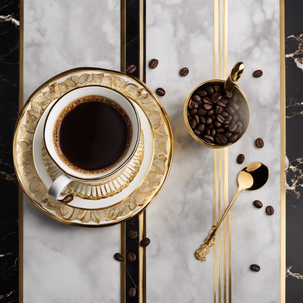 An image showcasing a luxurious coffee cup adorned with delicate golden patterns, placed on a polished marble countertop