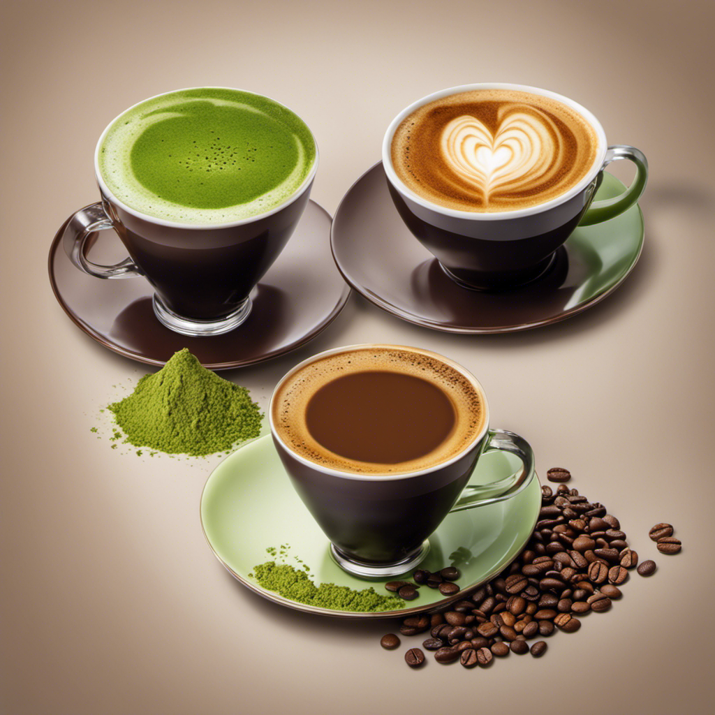 An image showcasing three cups of coffee - one filled with rich dark roast, the second with creamy latte, and the third with vibrant green matcha