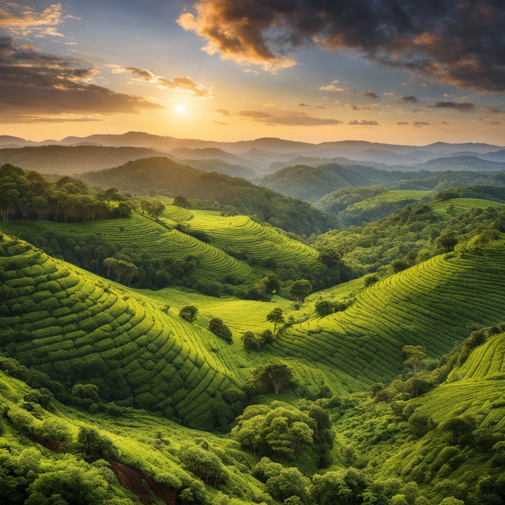 An image showcasing the lush, rolling hills of Argentina's Misiones region, the mountainous landscapes of Paraguay's Itapúa, and the dense rainforests of Brazil's Paraná, visually representing the countries that produce Yerba Mate