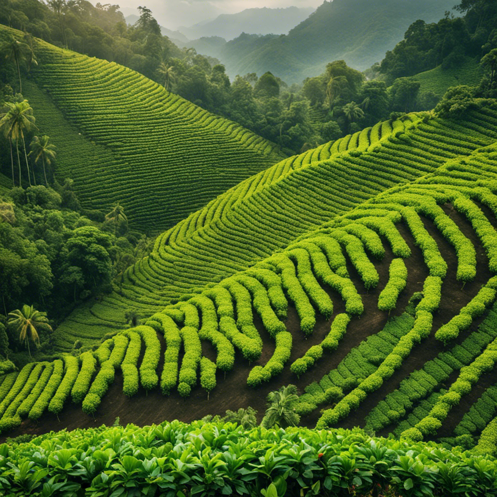 An image showcasing a vibrant coffee plantation on a lush hillside, with rows of coffee plants neatly aligned