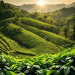 An image showcasing a quaint, bustling coffee plantation nestled amidst lush, rolling hills