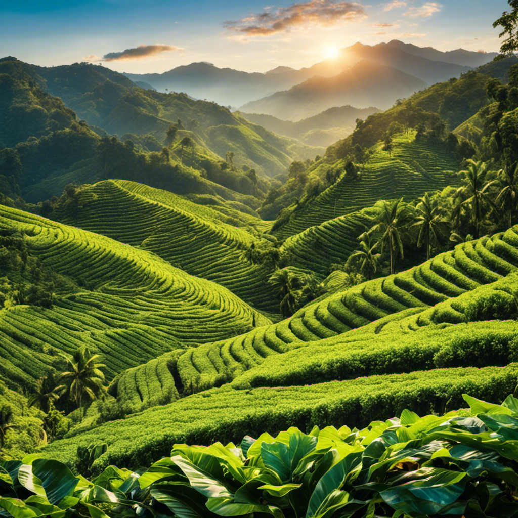 An image showcasing lush coffee plantations stretching across rolling hills, framed by towering mountains, under a clear blue sky