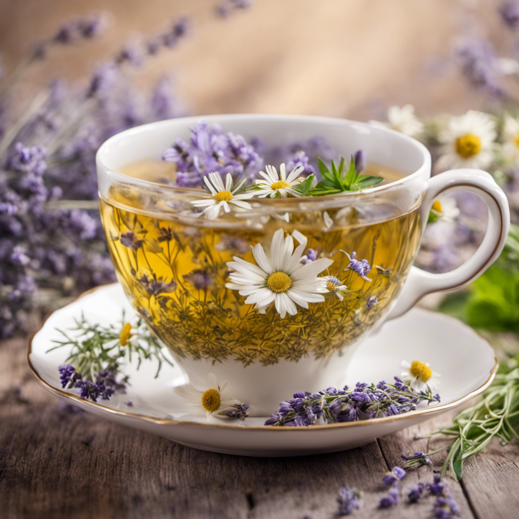 An image showcasing a delicate porcelain teacup filled with warm chamomile herbal tea, surrounded by aromatic fennel seeds, fresh mint leaves, and a sprig of lavender, all evoking a soothing and comforting sensation for digestion
