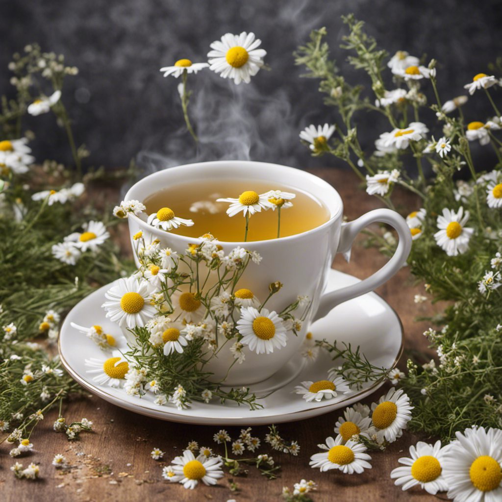 An image showcasing a comforting scene of a steaming cup of chamomile tea with delicate white flowers floating on its surface, accompanied by fresh sprigs of thyme and a soothing honey dipper